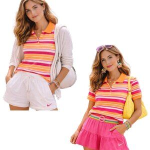 Karen Scott Sport Striped Polo Shirt Peach Pink Womens M NEW 90s Y2K Sporty